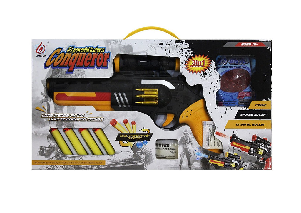 3-in-1 Conquerer Gun – Soft Bullet, Jelly Bullet & Music Blaster Toy
