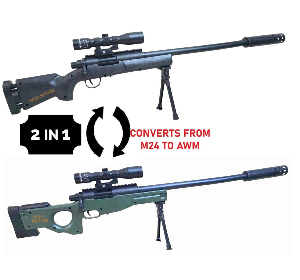 2-in-1 AWM & M24 One-Key Switch Toy Sniper Gun – Soft Bullet with Scope